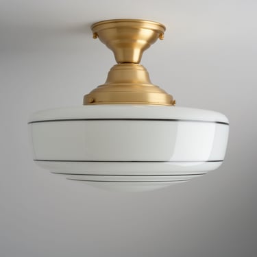 Painted lines - Striped White Glass - Mid Century Modern Lighting - Schoolhouse Style Milk Glass - 14