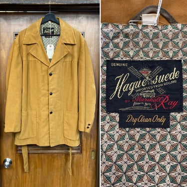 Vintage 1950’s Size L Ultrasuede Brown Belted Hollywood Leisure Rockabilly Elvis Jacket, 50’s Vintage Clothing 