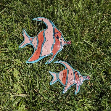 Pair of Vintage Pink and Blue Irridescent Ceramic Wall Fish Heather Goldmine 