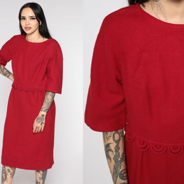 60s Wool Dress Red Stacy Ames Midi Dress Party Jackie O High Waisted Boho 1960s Vintage 1/2 Sleeve Mad Men Sheath Formal Cocktail Medium 