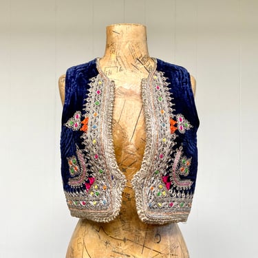 Vintage 1960s 1970s Jimi Hendrix Style Gypsy Vest, Turkish Ottoman Boho Velvet Metallic Embroidery, Ethnic Folk Wear, Unisex Small 34