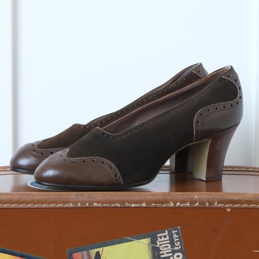 vintage 1940s spectator pumps • everyday brown suede & leather round toe sturdy high heels 