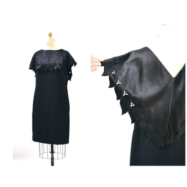 90s Vintage Black Crepe Dress with Embroidered Eyelet Satin Collar Size Medium 90s Black Relaxed Tank Summer dress with Black Satin 