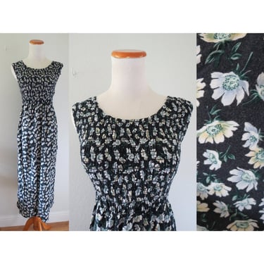 Vintage 90s Midi Dress - Floral Print Sleeveless Side Slit Smocked Summer Fall Outfit - Size Large 