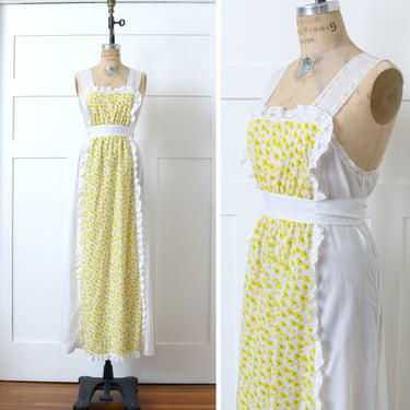 vintage 1970s apron dress • bright yellow & white floral long cotton boho dress 