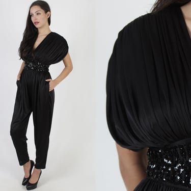 1970s Draped Glam Disco Party Jumpsuit With Hop Pockets 
