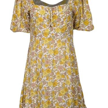 Faithfull the Brand - White & Yellow Floral Print Puff Sleeve Mini Dress Sz 6