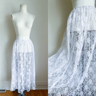 Vintage 1980s White Lace Sheer Skirt / L 