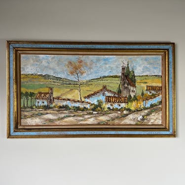 60's R. Milano Italian Farmhouse - Tuscany Landscape Oil on Canvas Painting 