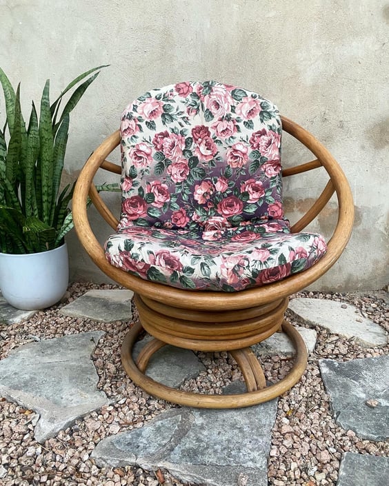 Rattan Swivel Hoop Lounge Chair with ombr\u00e9 floral Cushion
