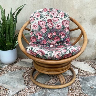 Rattan Swivel Hoop Lounge Chair with ombr\u00e9 floral Cushion