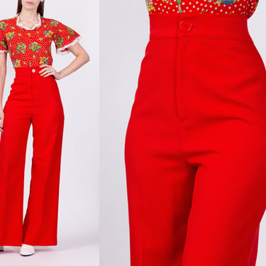70s Red High Waisted Pants - Small, 26.5" | Vintage Flared Leg Retro Hippie Trousers 