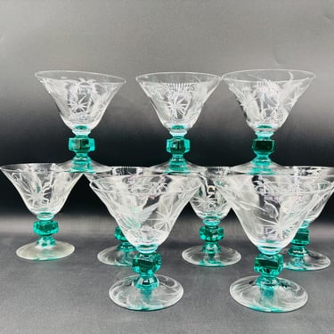 RARE Vintage Etched Bird of Paradise Green Square Glass Stem by Glastonbury - Lotus by LeChalet