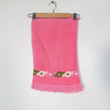 Vintage 70s Hot Neon Pink Cotton Hand Towel With Floral Embroidery Made In USA 