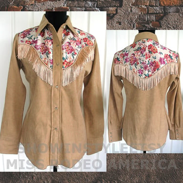 Miss Rodeo America Vintage Western Women's Cowgirl Shirt, Rodeo Blouse, Beige/Camel with Fringe, Approx. Size Medium (see meas. photo) 