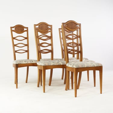 Young Manufacturing Mid Century Walnut and Burlwood Side Dining Chairs - Set of 6 - mcm 