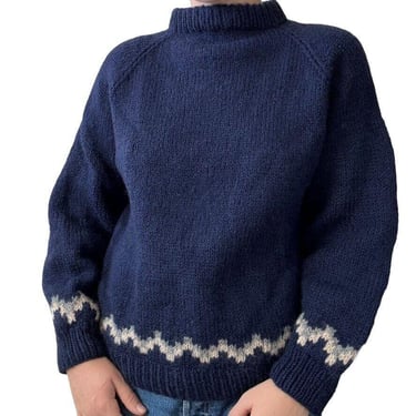 Vintage Womens Hand Knit Navy Blue 100% Wool Mock Neck Chunky Preppy Sweater M 