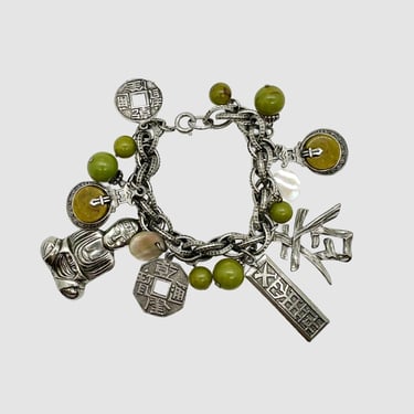 EASTERN THEMED CHARM Bracelet | 50's Asian Themed | 1950s Dangle Jewelry | Buddha, Chinese Writing, Coins, Temple Charms | Vintage Bakelite 