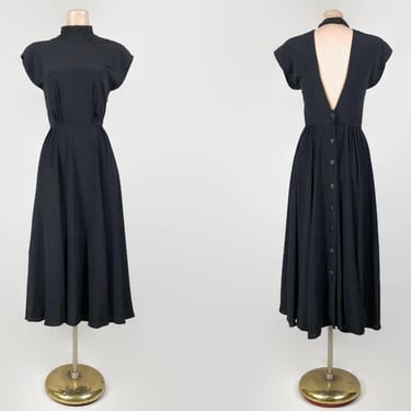 VINTAGE 80s does 40s Black Rayon Dress with Open Back by Phoebe | 1980s art-Deco High Neck Full Sweep Day Dress | VFG 