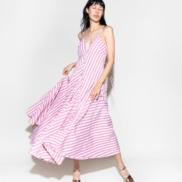 JIL SANDER Pink& White Pinstripe Halter Maxi Dress (Sz. 43)