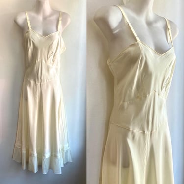 Vintage 40s 50s Acetate Slip / Slip Dress / Corset Waist + Full RUFFLED Skirt / Side Metal Zip / IVORY 