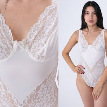 Lingerie Thong Bodysuit White Lace Teddy 80s HIGH CUT Sheer Teddie Romper One Piece Underwire Vintage 1980s Sexy Leotard Extra Small xs 