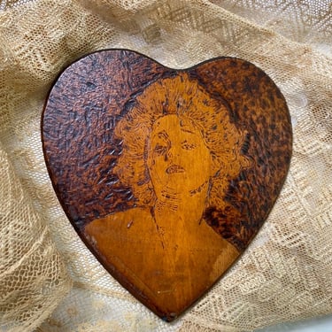 Vintage Woman Wood Burned Heart, Hand Made, Small Heart Wall Hanging, Love, Victorian Lady, Gibson Girl With Hair Down, Bohemian Heart 