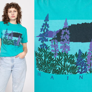 Medium 80s Maine Lupine Flower T Shirt | Vintage Blue Floral Graphic Tourist Tee 