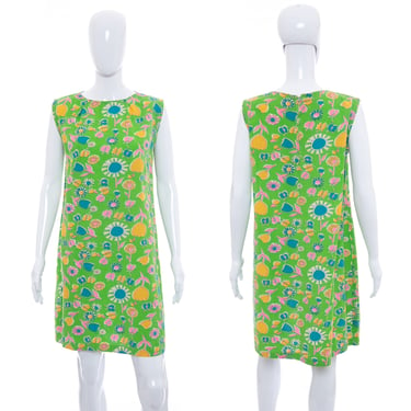 1960's Green Floral Print Shift Dress Size XL