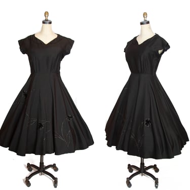 1950s Dress ~ Black Full Skirt Dress with Velvet Leaves and Glitter Decoration 