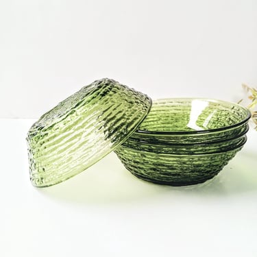 4 Vintage Avocado Green Anchor Hocking Soreno Soup Salad Cereal Bowls/1970s Boho Farmhouse Country Cottage/Mix and Match/ Tree Bark Design 