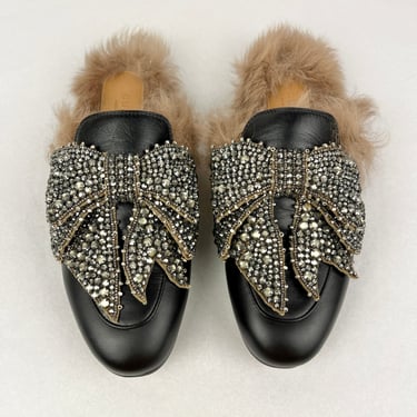 Gucci Princetown Crystal Bow Mule, Size 37, Black