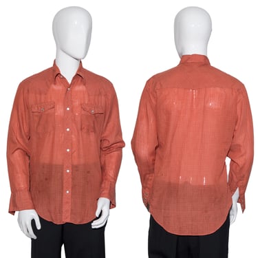 1970's Orange and White Plaid Western Shirt - Size L