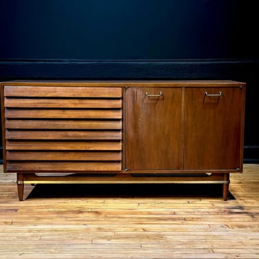 American of Martinsville Dania Six Drawer Walnut Lowboy Dresser by Merton Gershun - Mid Century Modern Credenza Sideboard Console Table 