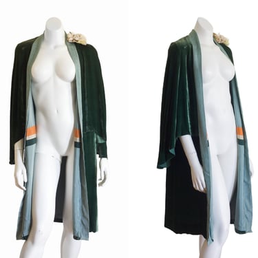 1920s Green Silk Velvet Cape Coat 