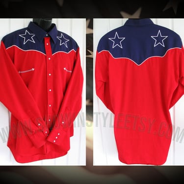 Ruddock Brothers Vintage Western Men's U.S.A. Patriotic Cowboy Shirt, Red with Blue Yokes, Embroidered Stars , Medium (see meas. photo) 