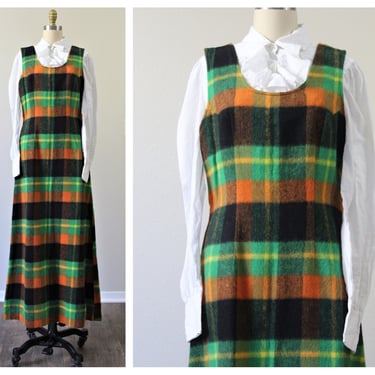 Vintage 1960s 70s Bold Orange Green Black Plaid Floor Length Jumper Dress Maxi  // Modern Size s med 6 8 