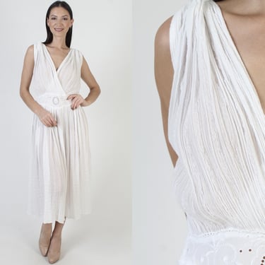 White Grecian Wrap Dress, Thin Cotton Gauze Sundress, Sheer Floral Embroidered Waist, Toga Goddess Costume Midi 