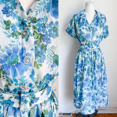 Vintage 1960s Sheer Blue Floral Dress / S 