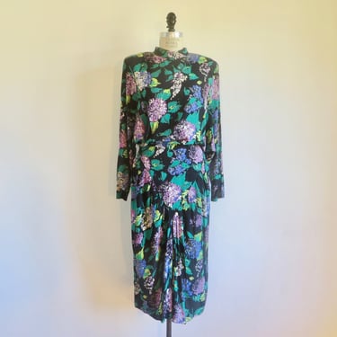 1980's Purple Teal Hydrangea Floral Rayon Print Dress 1940's Style Ruching Mock Neck Bat Wing Sleeves Open Back 80's does 40's 30