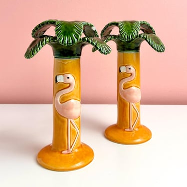 Pair of Palm Tree Candle Holders with Flamingo Design 