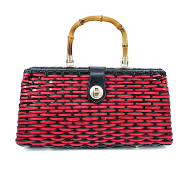 Black and Red Wicker Basket Bag