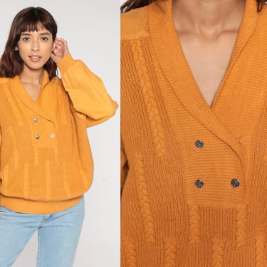 Orange Knit Sweater 80s 90s Shawl Collar Sweater Boho Pullover Retro Bohemian Button Up Plain Simple Basic Spring Vintage Cotton Ramie Large 