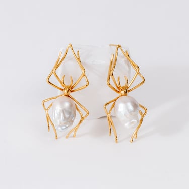 Gold Plated Sterling Silver and Baroque Pearl Spider Earrings