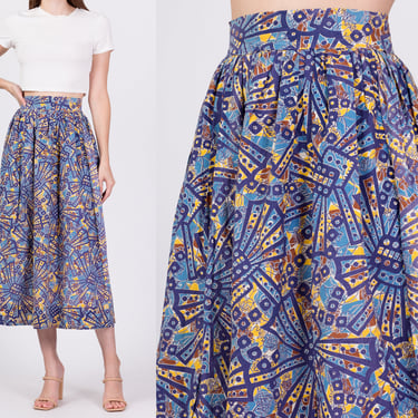 Vintage Boho African Wax Print Midi Skirt - Extra Small, 25" | Handmade Blue Abstract Print Cotton Ankle Length Skirt 