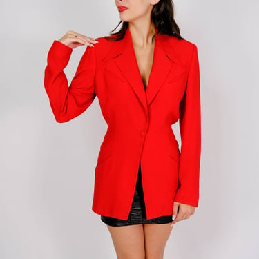 Vintage 90s Richard Tyler Scarlet Red Hollywood Western Noir Blazer | Made in USA | 100% Silk Lined | 1990s Does 1940s Designer Power Jacket 