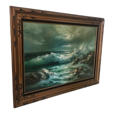 44x33 Original Signed Seascape Framed Oil Painting by Robert Stevens | Coastal Ocean Waves Landscape Artwork | Gold Ornate Frame 