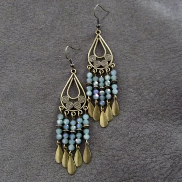 Crystal chandelier earrings, sea green and bronze earrings 