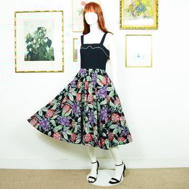 Vintage 1980s Maxi Swing Dress Floral Print Fit & Flare Size S UK 10 