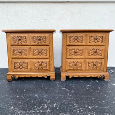 Set of 2 Vintage Nightstands by Link Taylor Mediterranean Oak Collection with Carved Wood Details - 3 Drawer End Table Chests 